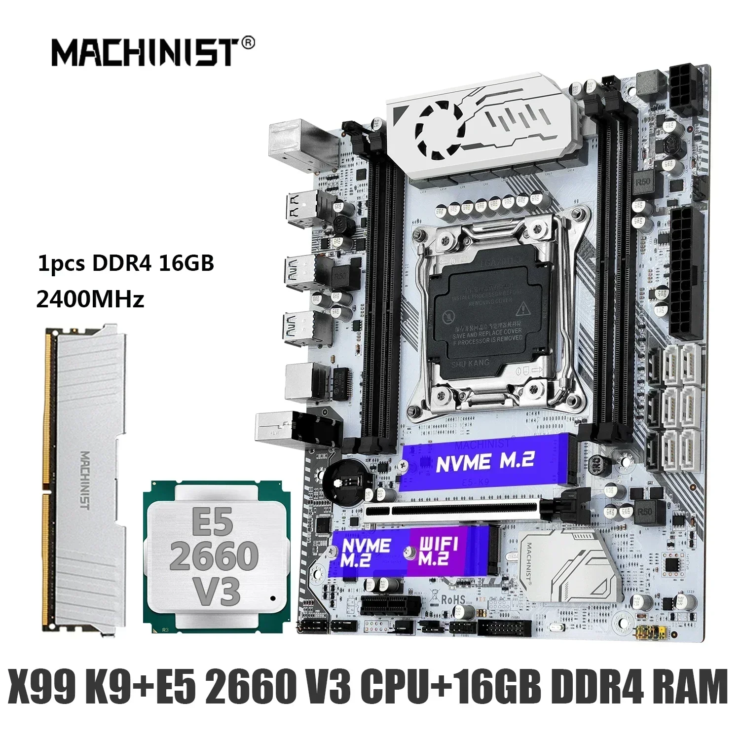 MACHINIST X99 K9 Motherboard Combo LGA 2011-3  Xeon CPU E5 2660 V3 kit DDR4 16GB RAM 2400MHz Memory NVME M.2 Four Channel USB3.0