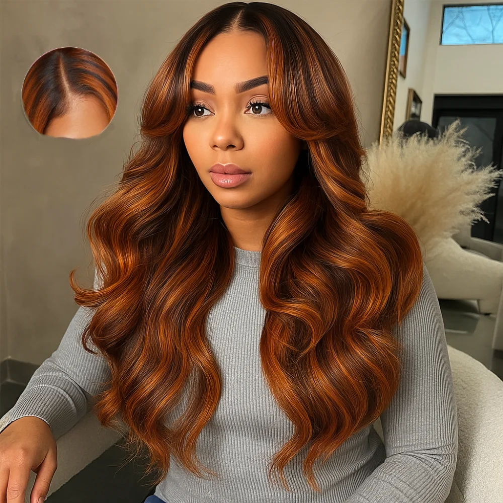 5x5 الدانتيل أمامي # 4/350 تسليط الضوء على لا الغراء الباروكات 200% الكثافة أومبير الزنجبيل البني الجسم موجة الشعر البشري غلويليس الباروكات للنساء