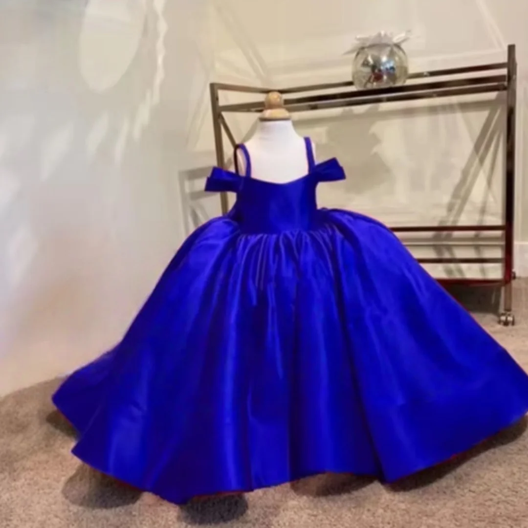 Maßgeschneidertes Erstkommunionkleid für Mädchen mit großen Schleifenträgern, langer Schleppe, Blumenmädchenkleid für Hochzeitsfeiern