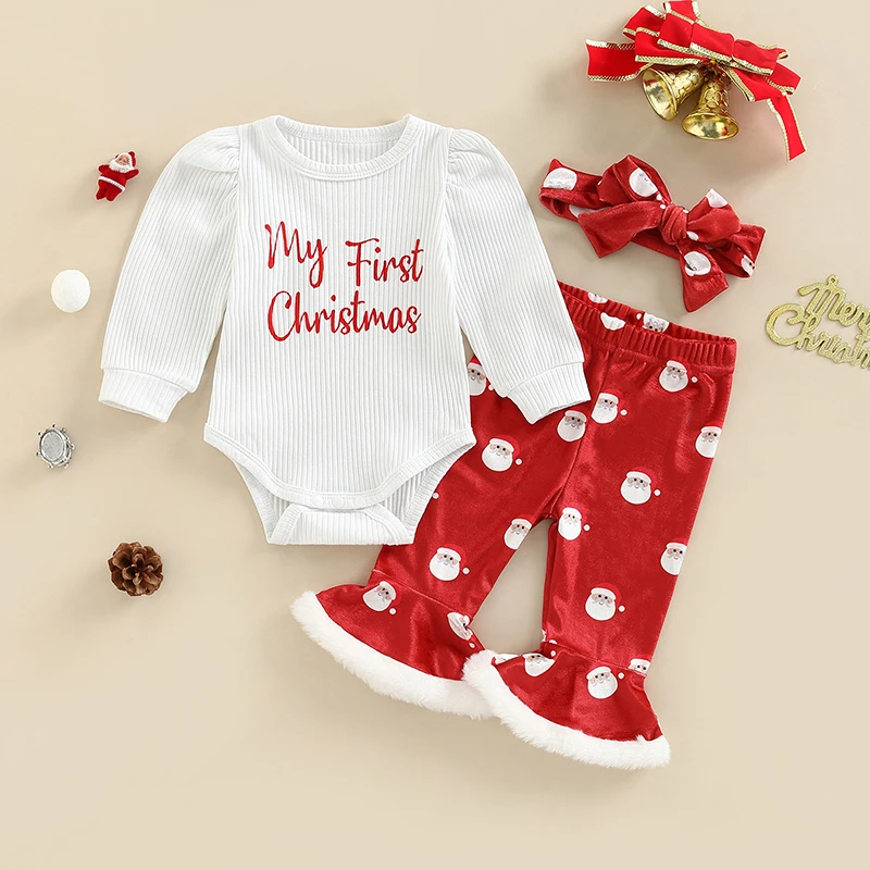 

Baby Girls Christmas Set Long Sleeve Letters Print Romper Santa Claus Print Velvet Flare Pants Bowknot Headband Xmas Costume