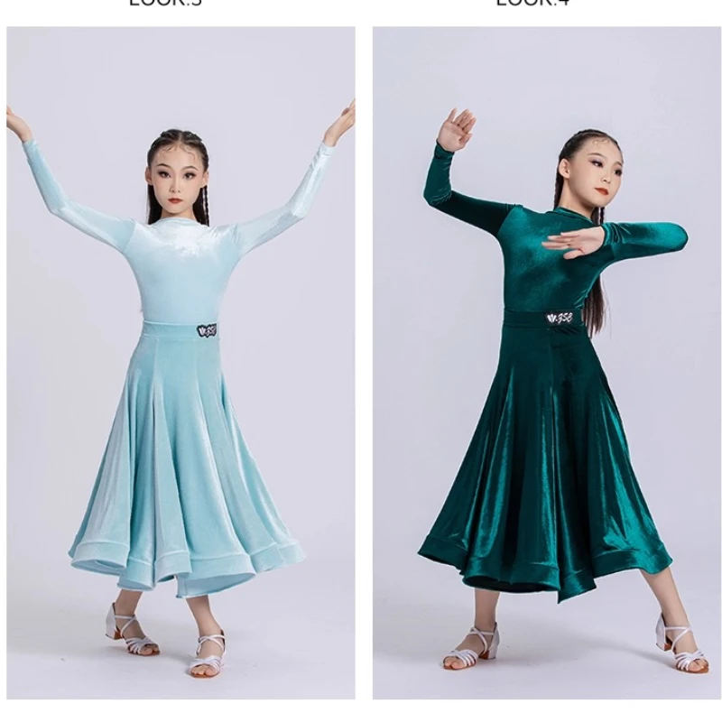 Nuevas faldas de baile modernas estándar nacional para niños, baile de salón, vals, baile Social, vestidos largos, disfraz de actuación de competición