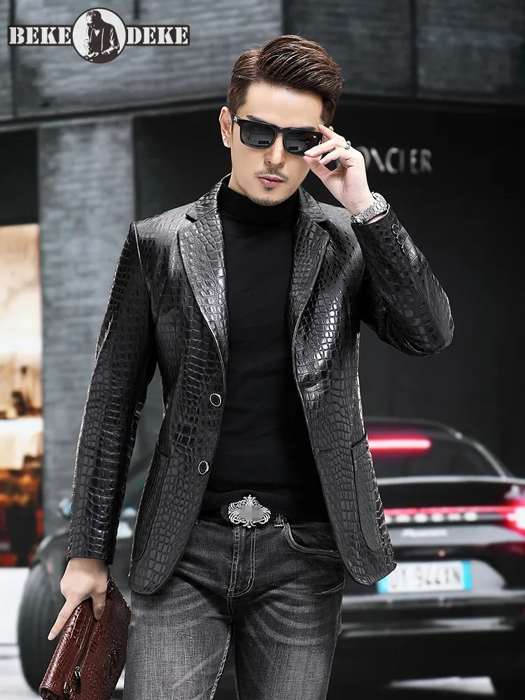 

Luxury Business Men Alligator Pattern Genuine Leather Jacket Spring New Single Breasted Slim Fit Real Sheepskin Blazer Suit Coat