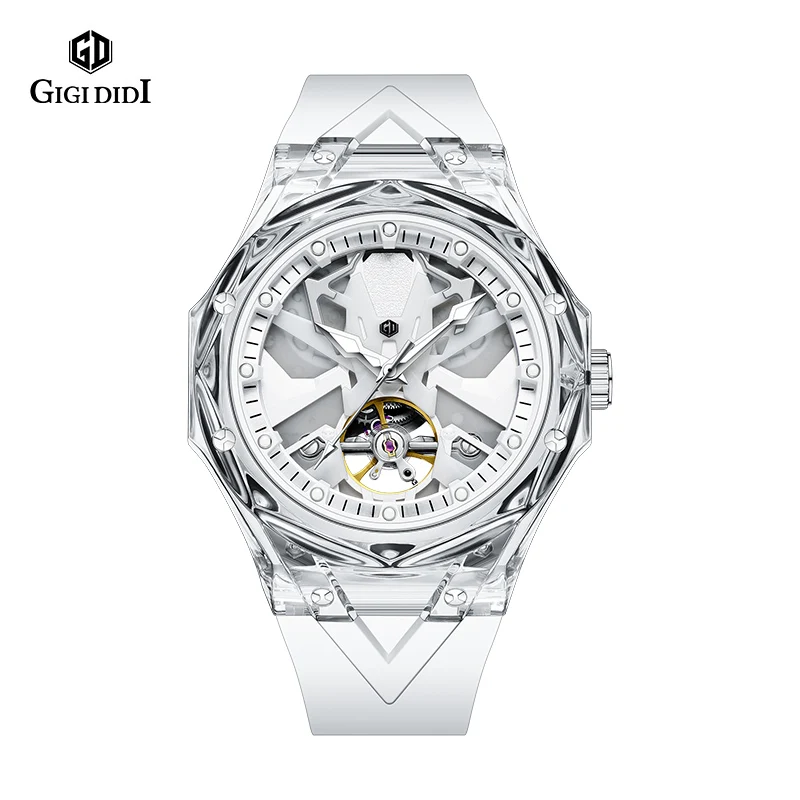 Trendy Fashion Men White/Black Skeleton Automatic Mechanical Watch Wrist Watches Luxury Clock Rubber Strap Relogio Masculino New