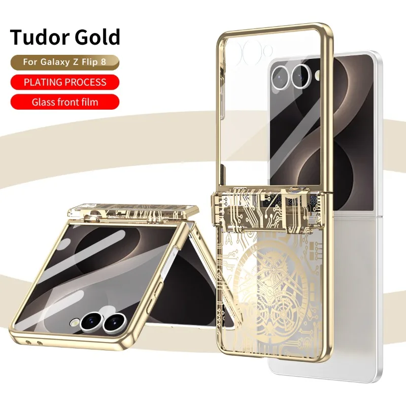 For Samsung Z Flip 8 Case Tempered Glass Luxury Texture Trendy Design Electroplated Craft Hinge Protection Shockproof Cover