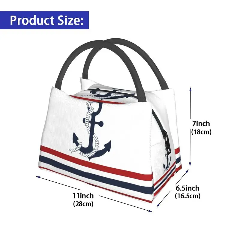 Custom Nautical Blue Anchors With Stripes Insulated Lunch Bag Office Sailing Sailor Portable Thermal Cooler Lunch Box Women