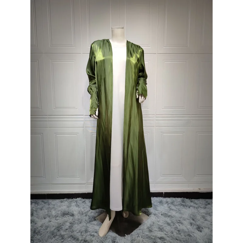 Mq053 Dubai Arabic satin cardigan robe mushroom button sleevemodestmuslim shawl outerwear