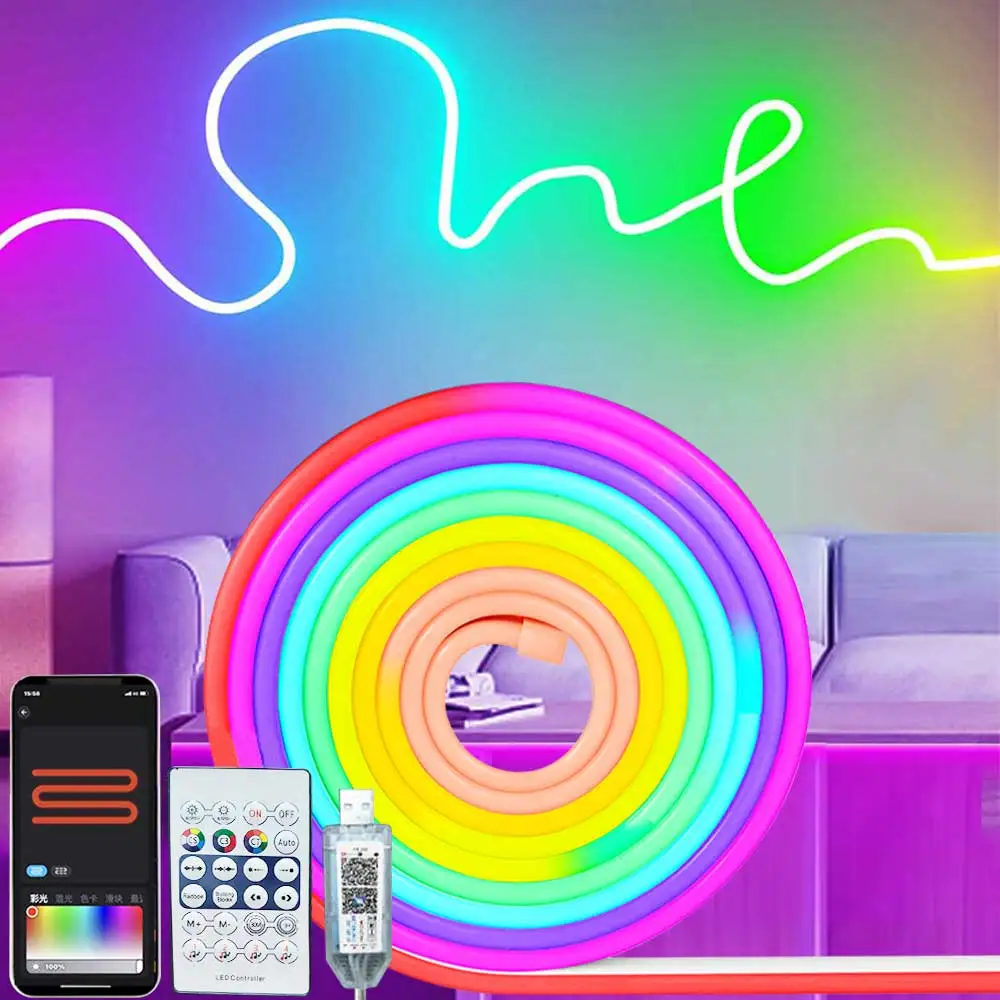 Imagem -06 - Multicolor Neon Led Light Strip Corda Luzes Música Sync Faça Você Mesmo App Rgb Cor Fita para Quarto Decoração da Parede 5v 1m 2m 3m 5m