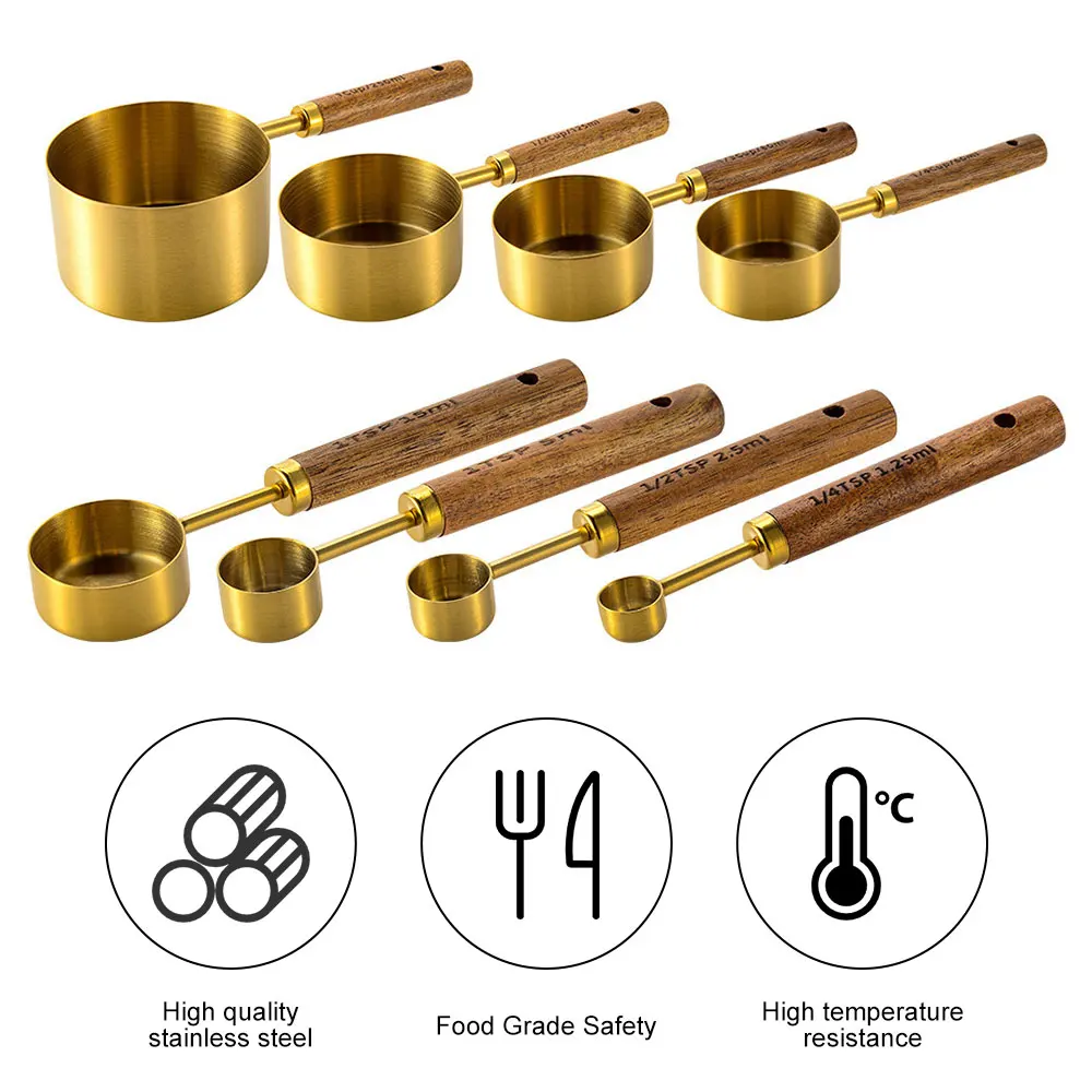 4pcs Stainless Steel Measuring Spoons with Wooden Handle Coffee Beans Powder Scoop Measuring Cups Spice Tea Spoon Kitchen Tool