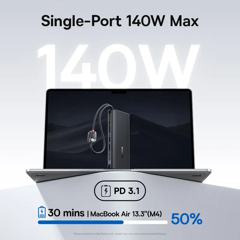 بنك طاقة Baseus بسعة 25000 مللي أمبير، 145 واط، كابل مزدوج USB-C مدمج، شحن سريع، شاشة رقمية، متوافق مع ماك، آيفون، سامسونج - 3