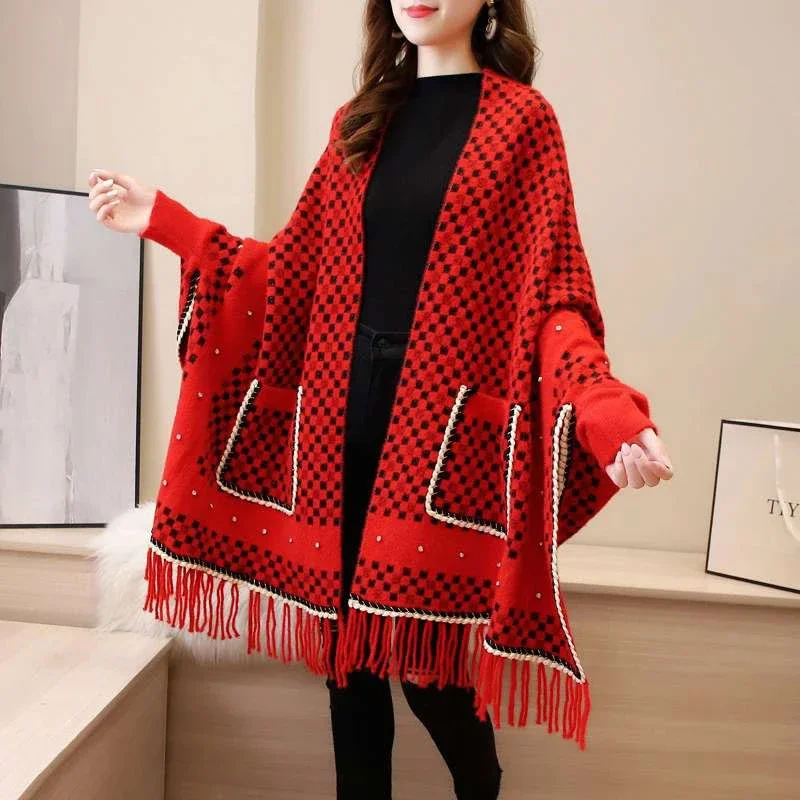 New Popular Winter Women Pearl Soft mink velvet Plaid Shawl With Sleeves Knit Exquisite Pocket Warm Sweater Tassel Poncho Cape