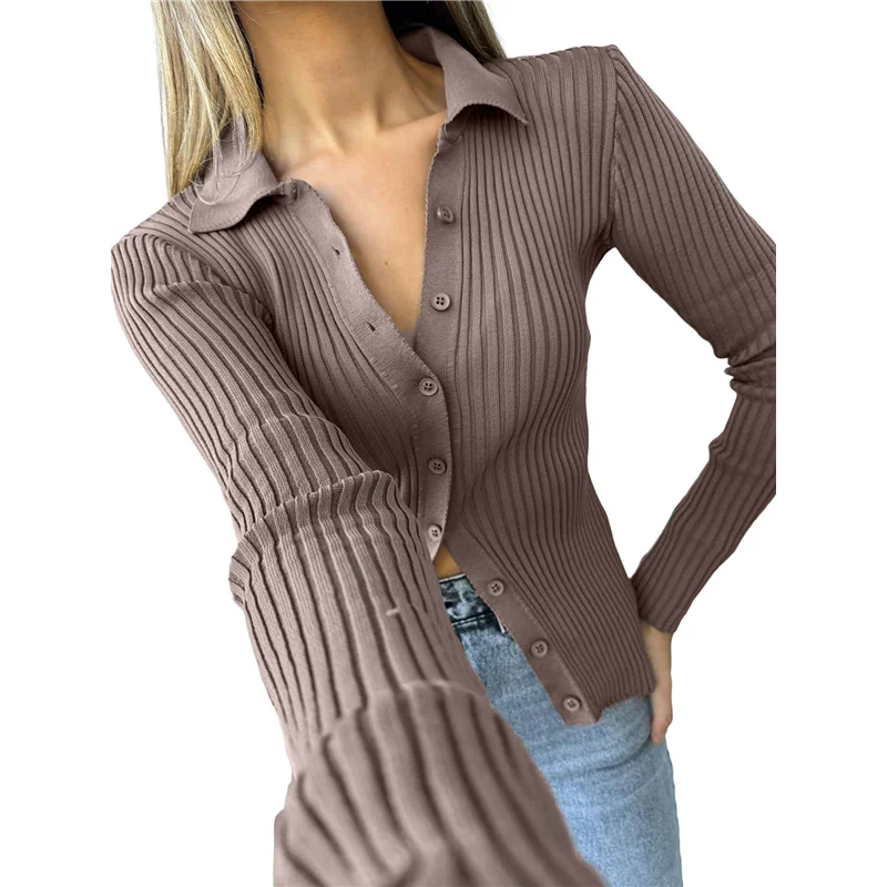 

FX-Women's Casual Simple Solid Color Long Sleeve Shirt Wool Top Button Striped Lapel Work Shirt