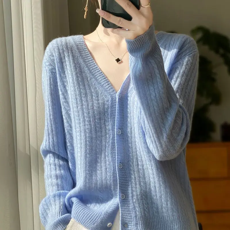 2024 Hot Selling New 100% Pure Wool Women\'s Cardigan Trend Hollowed Out Korean Version Women\'s Sweater Jacket Loose Knit Sweater