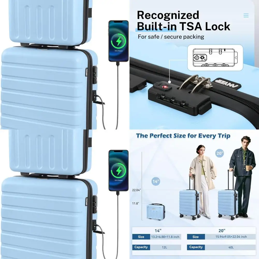 

Light Blue 2-Piece Luggage Set: 20 Hardside Carry-On & 14 Mini Cosmetic Case with USB & Wheels, TSA-Approved for Kids