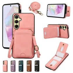 Shoulder Lanyard Leather Card Wallet Case For Samsung Galaxy S25 S24 S26 Ultra S23 S22Plus A57 A37 A17 A36 A56 Stand Phone Cover