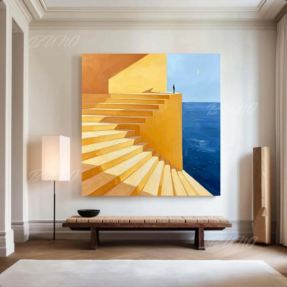 100% Handmade Abstract Oil Painting Original Minimalist Architecture Unframed Canvas Wall Art for Living Room Bedroom Decor