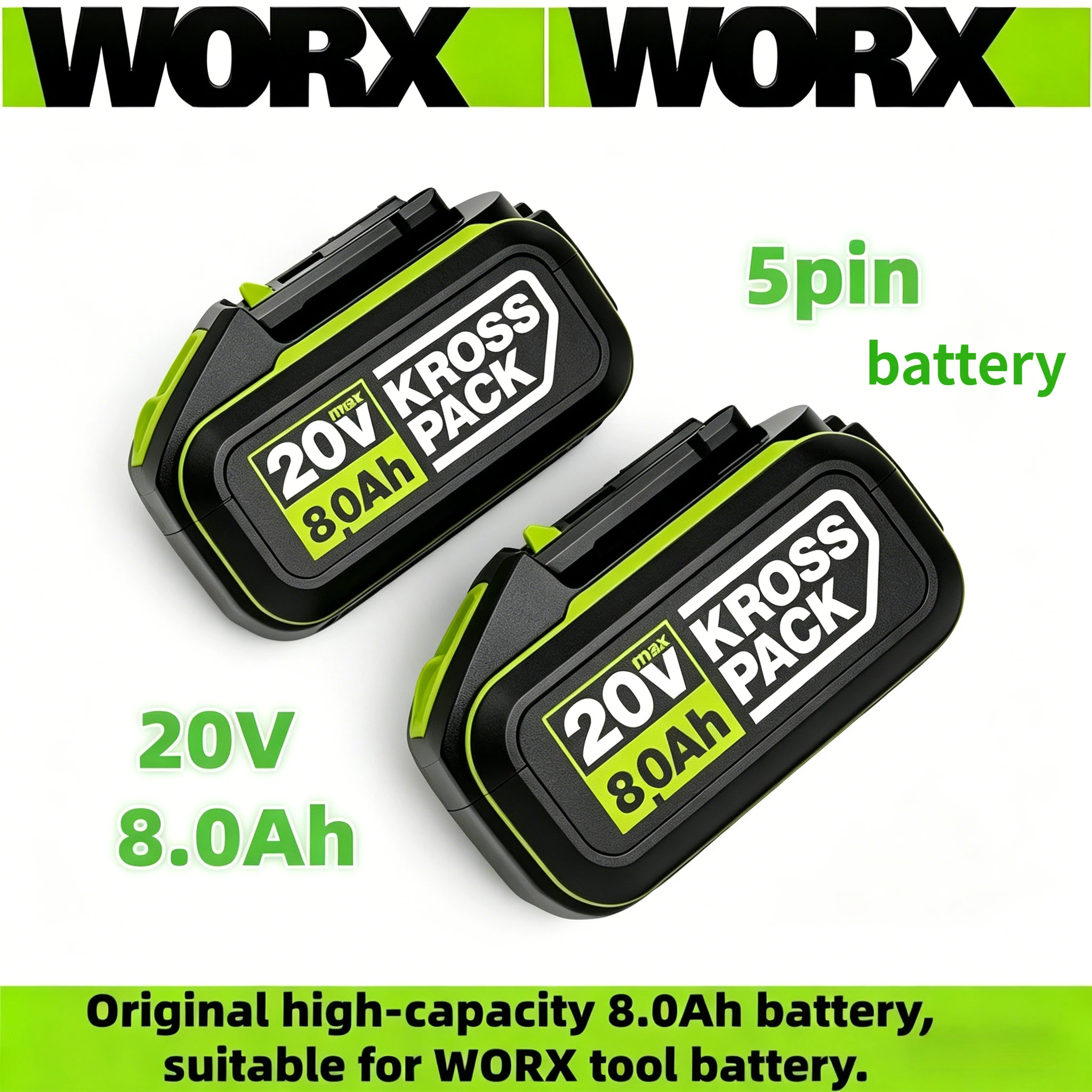

20V 8000mAh WORX 5pin battery WA3016 WA3023 WA3027 Li-ion Battery for Dewalt Tools for WORX Cordless Power Tool Model Battery