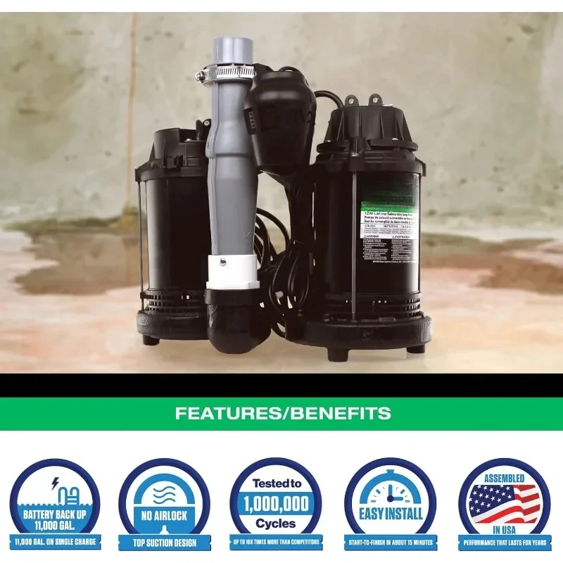 home.1/2 HP Basement [Sump] [Pump] System with Integrated Vertical Float Switch and 12 Volt [Battery] Back Up Capability,Heavy D