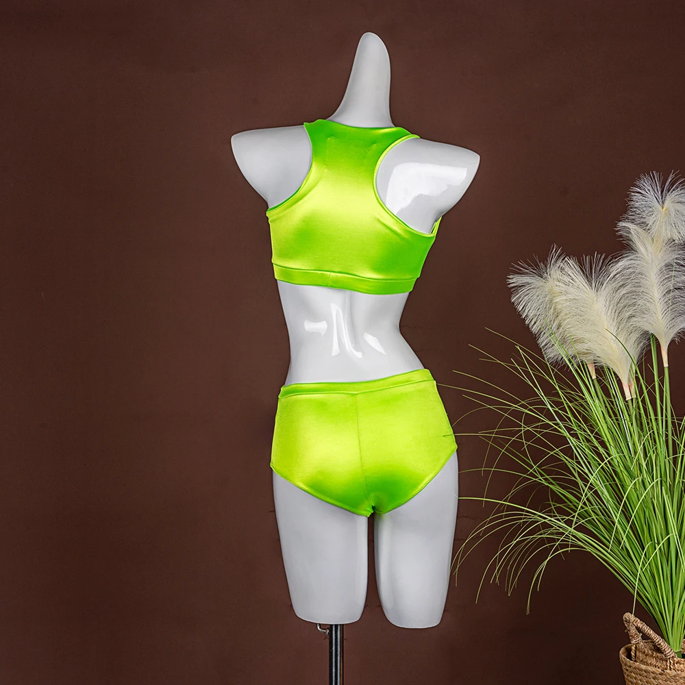 Hope&Win Sexy Women Pole Dance Clothing  Racer Back Crop Top Match Hot Shorts Satin Green Clubwear