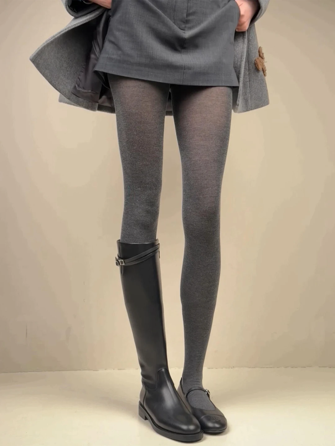Gray High Waist Knitted Leggings Women's Base Layer Pants Autumn Winter Bare Leg Tooling Silk Stocking Boots Transparent