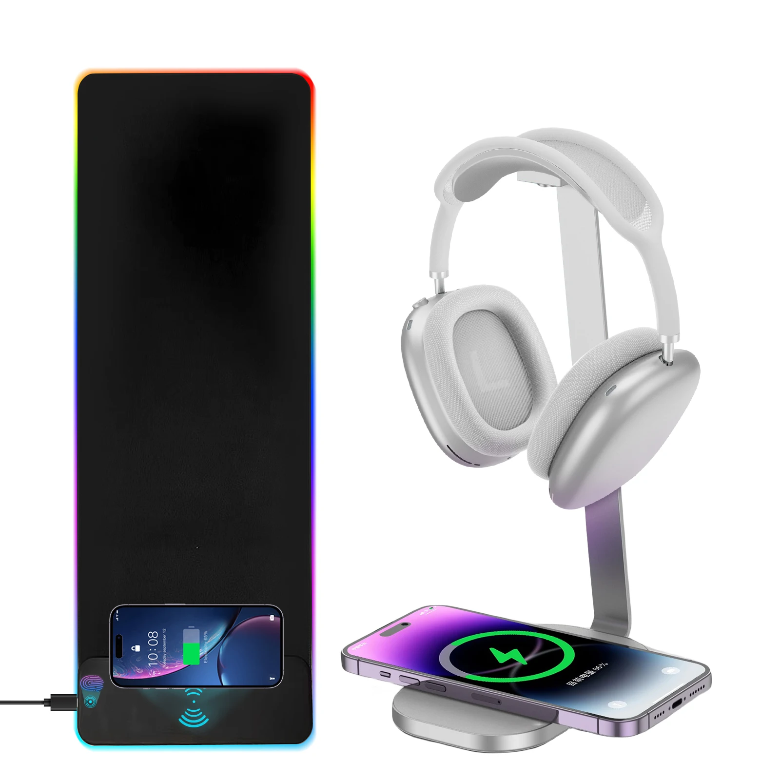 

15W Wireless Charger & Headphone Stand + RGB Gaming LED Mouse Pad with 10W Wireless Charging - Anti-Slip Design