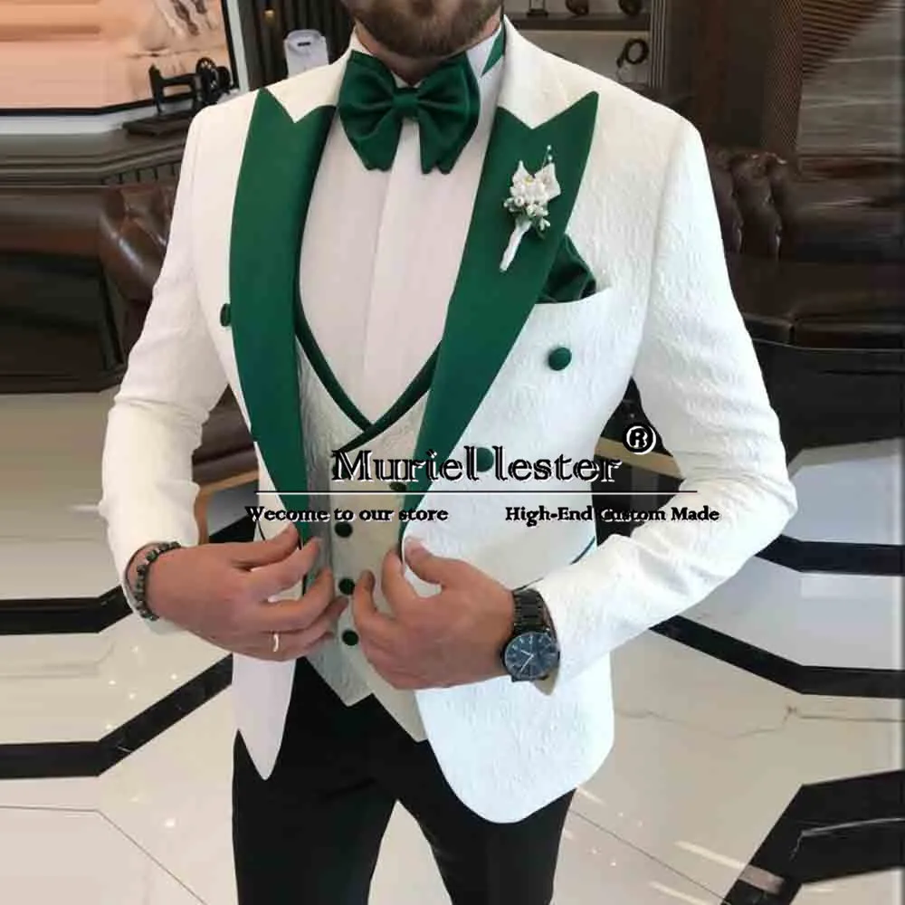 Classic Jacquard Suits Men For Wedding Green Satin Laple Floral Tuxedo Tailor-Made Business Ofice Daily Jacket Vest Pants 3 Pcs