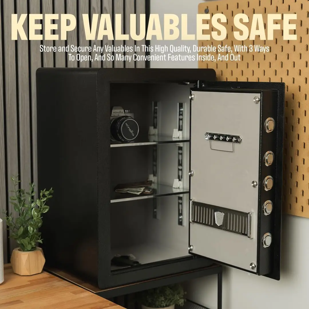 Electronic Safe Box - Opens with Passcode, Fingerprint, and Key - for Home, Jewelry, and Money - Black - Electronic Safe Box by