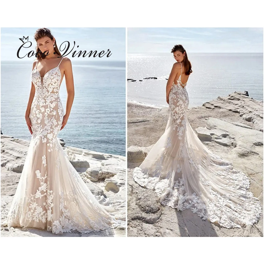 

Embroidery Lace Appliques With Beading Customized Quality Mermaid Wedding Dress For Women Backless Court Train Bride Dress W1338