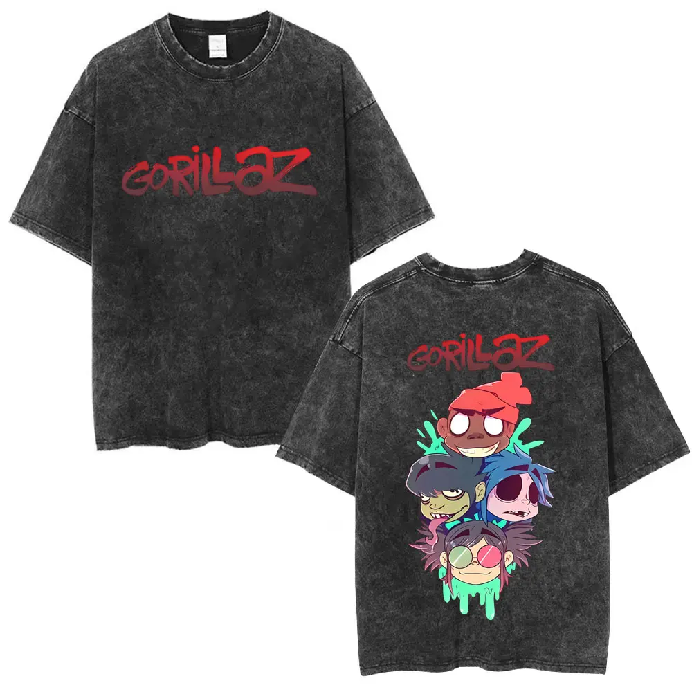 

Washed Vintage Rock Band Gorillaz Double Sided Print T-shirt Men Women Clothing Hip Hop Fashion Oversized T Shirts Streetwear