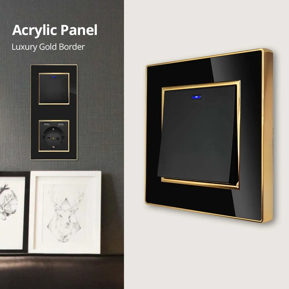 Wallpad Vertical Black Acrylic Panel Gold Border Wall Light Switch USB Charge EU Power Socket 4 5 6 7 8 Gang 2 Way Reset