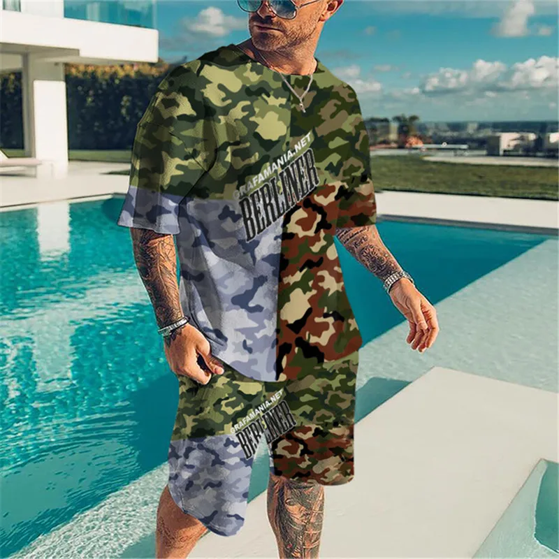 Herren T-Shirt 2-teiliges Set 3D-gedruckte Tarnung Armee grün Ashion Street Herren Sportswea Sommer Kurzarm Shorts Set