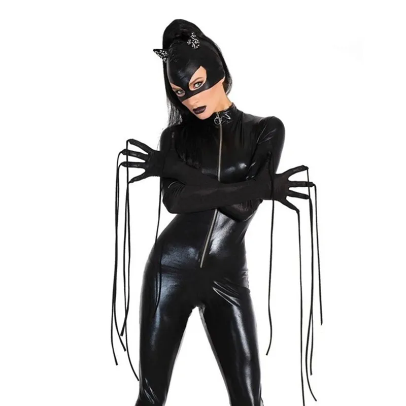 

New Hot Halloween Fancy Anime jumpsuit Costume Pvc Leather Jumpsiut Adult Black Sexy Cat Gothic Cosplay Costumes For Women