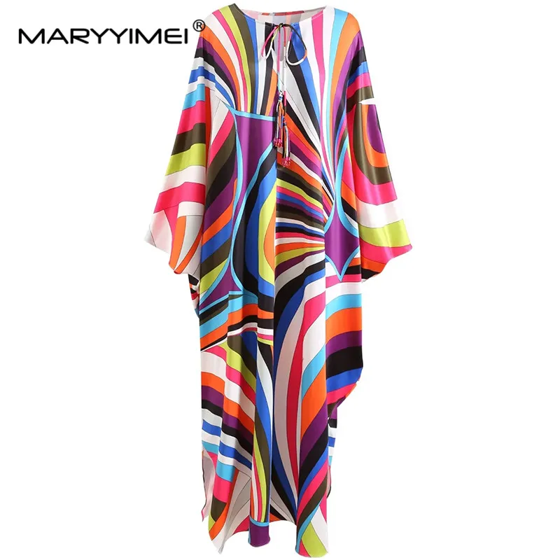 

MARYYIMEI Fashion Autumn Winter Women's dress Batwing Sleeve Rainbow stripe Print Loose robe Elastic knitting Dresses