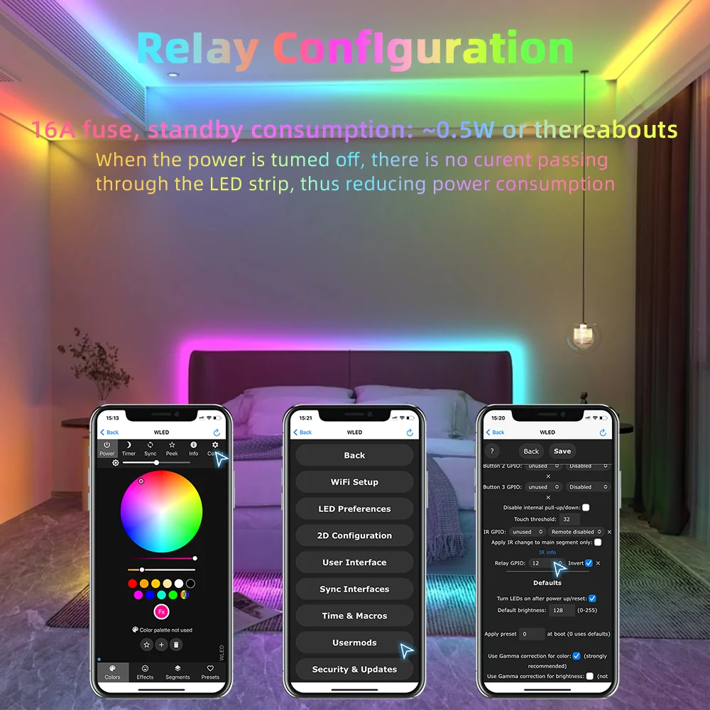 وحدة تحكم DOMRAEM WLED للموسيقى الرقمية LED مع ميكروفون ومرحل -ESP32 2CH 16A لـ WS281X/SK6812 (800ICS). النوع C وUART. أليكسا/ها.