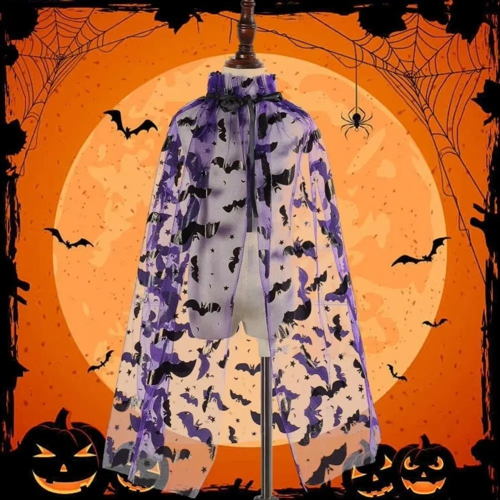 Gothic Spider Web Halloween Tulle Cape Bat Soft Mesh Cloak Polyester Sheer Cosplay Bridal Costume Children