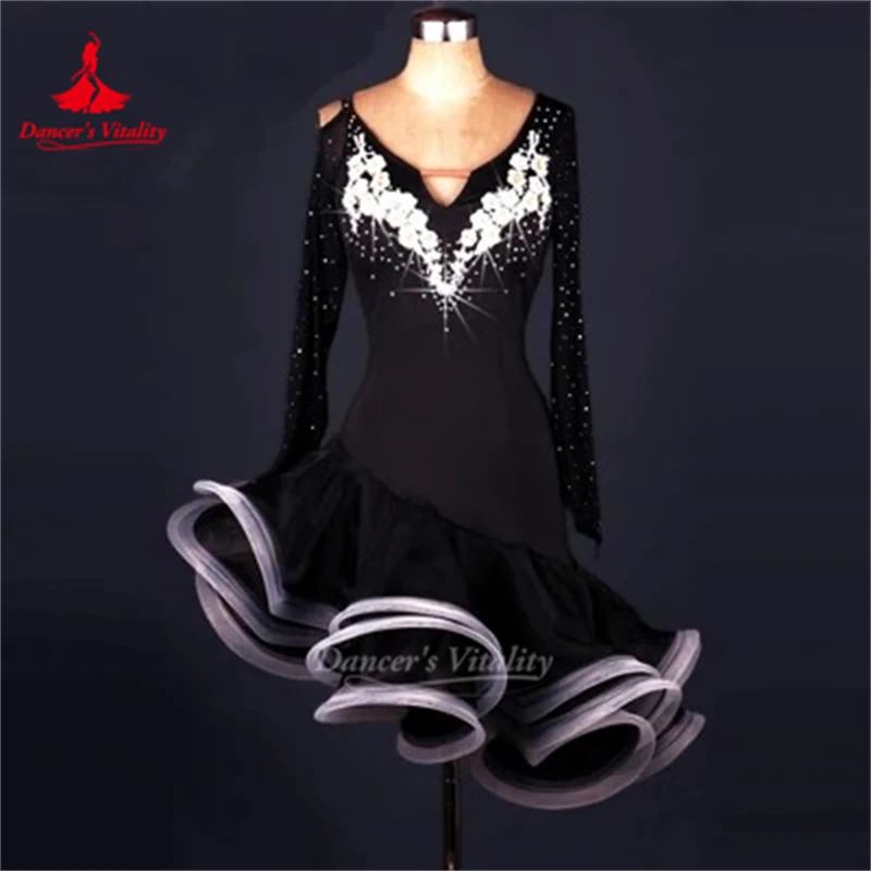 Sexy dress latin dance clothes for women latin dance Embroidery long sleeves dress girls latin dance dress Cha-cha dance dress