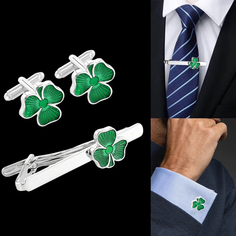 Modern Enamel Four Leaf Clover Cufflinks and Tie Clip Set, Professional Shirt Tie Accessories for Business People.