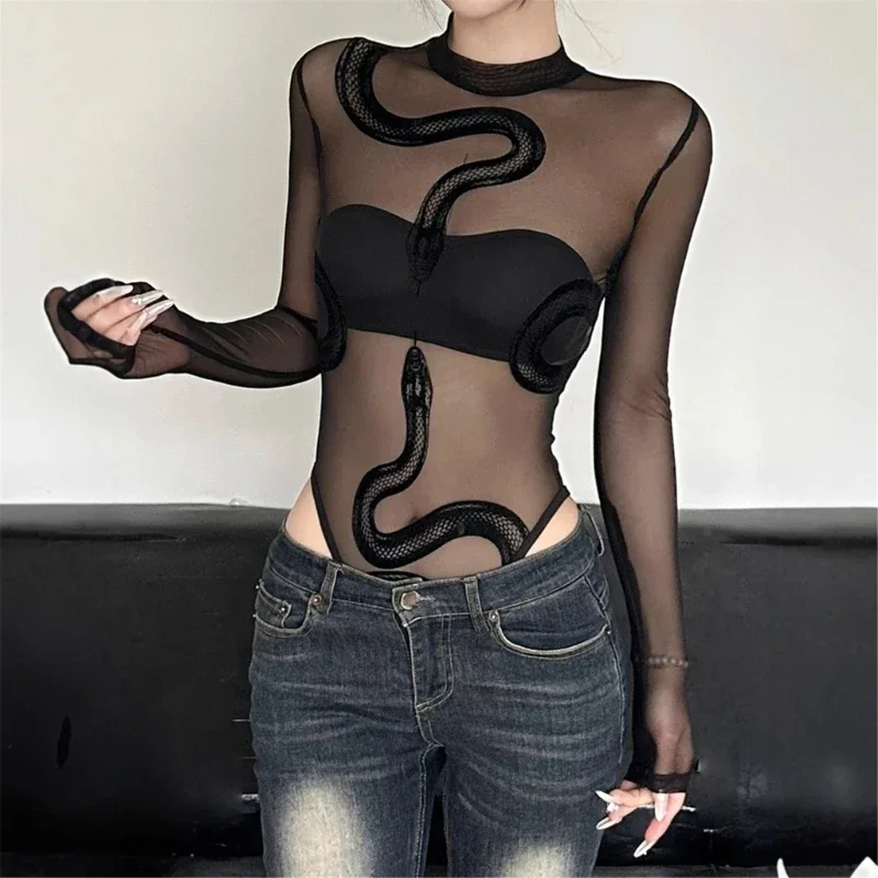Gothic Snake Print Mesh Bodysuit Women Dark Punk Long Sleeve Transparent Tops 2025 Y2K Sexy Flocked See Through One Piece Tee