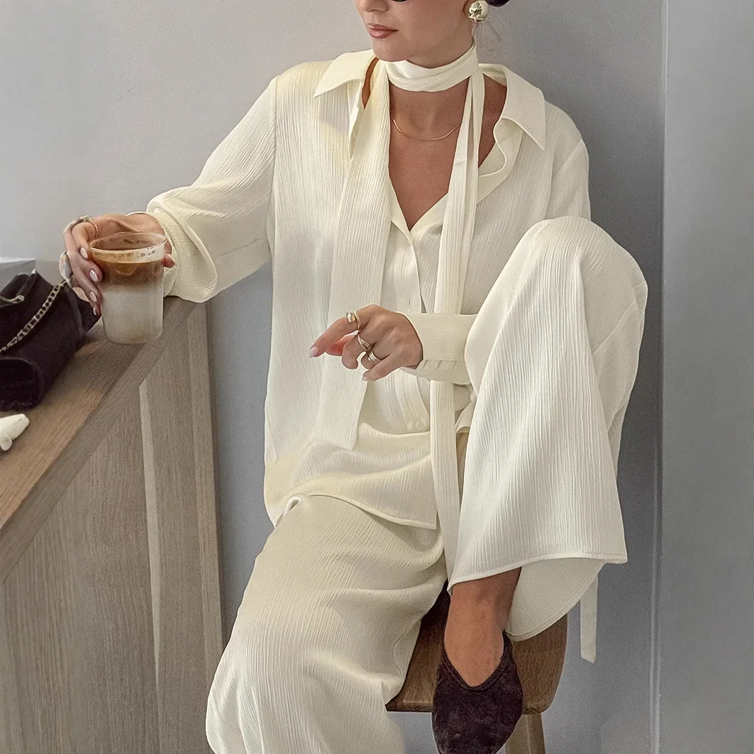 Long-sleeved Suit for Women with Ribbons and Lazy Texture 2026 Spring Shirt and Trousers Two-piece Set