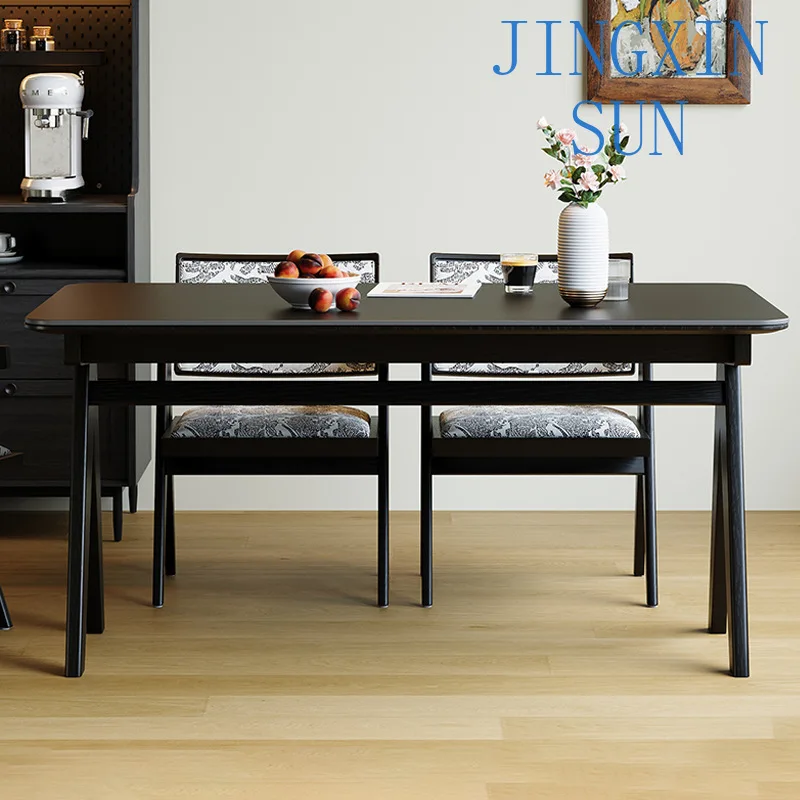 Retro style solid wood rock slab dining table and chairs 2024 new small apartment household rectangular French black living room