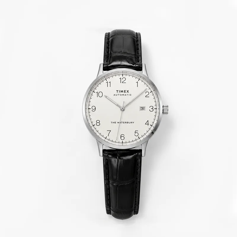 Montre mécanique automatique vintage Timex The Waterbury pour homme, cadran noir et blanc, bracelet en cuir, montre-bracelet pour le quotidien et les affaires