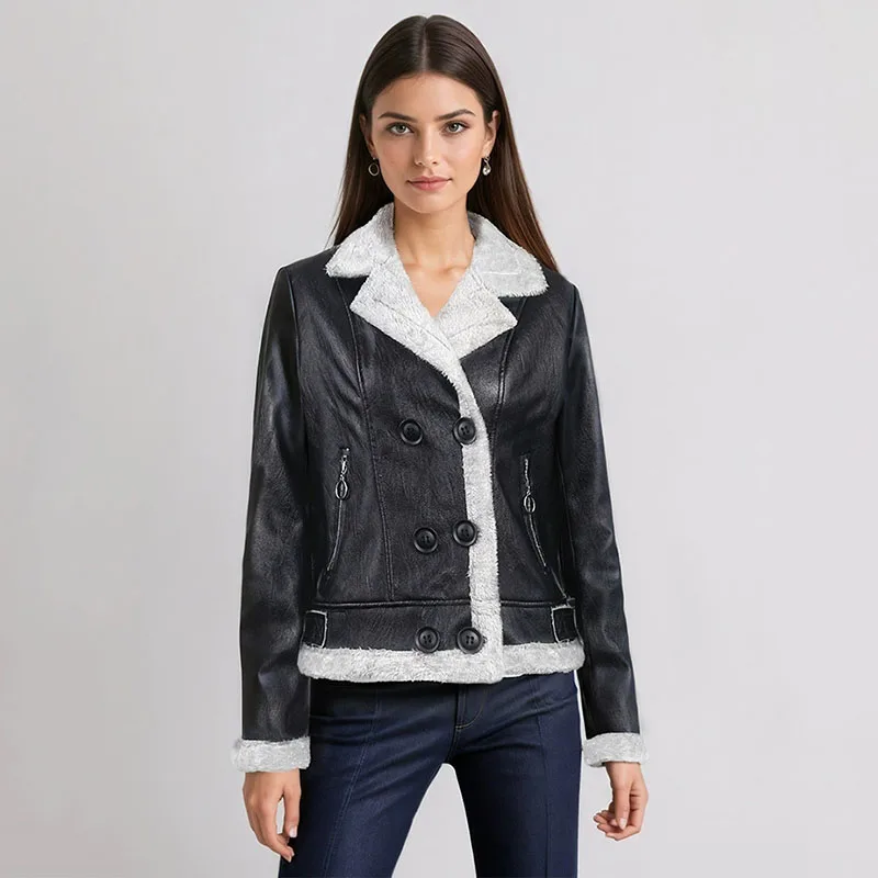 الخريف الشتاء المرأة سميكة الدافئة جاكيت من الصوف موضة مزدوجة الصدر بولي Leather الجلود أبلى كم طويل أفخم التلبيب معطف قصير