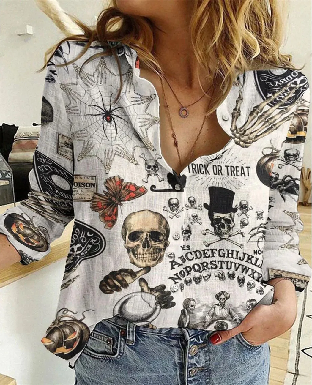 

Elegant Women Blouse 2023 Spring and Autumn Temperament Top Long Sleeve Skull Print Office Slim Fit Shirt S-XXXLL