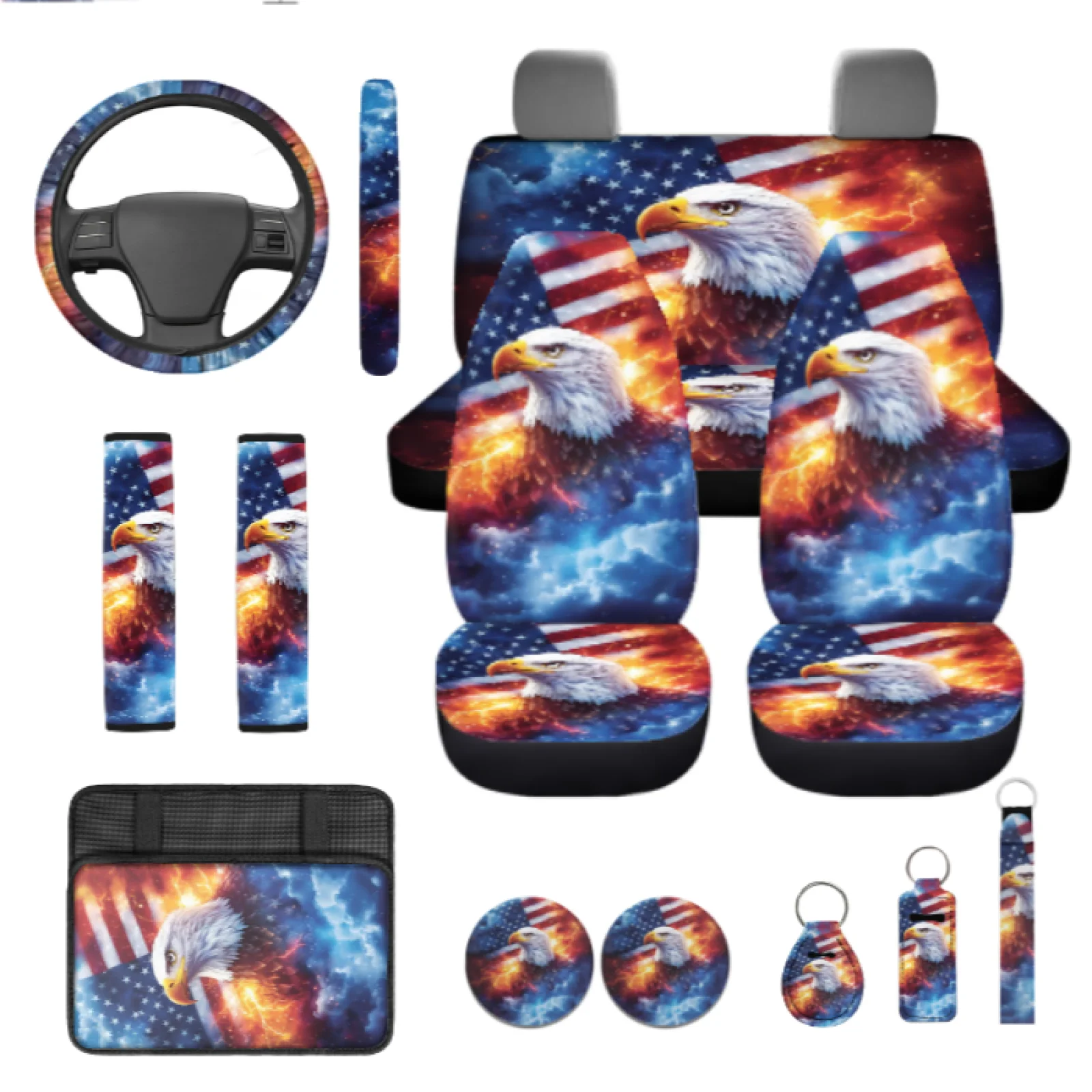 Coloranimal Eagle US Flag 13 Pack Car Seat Cover Set with Breathable Lipstick Cover and Armrest Cover for Universal Fit