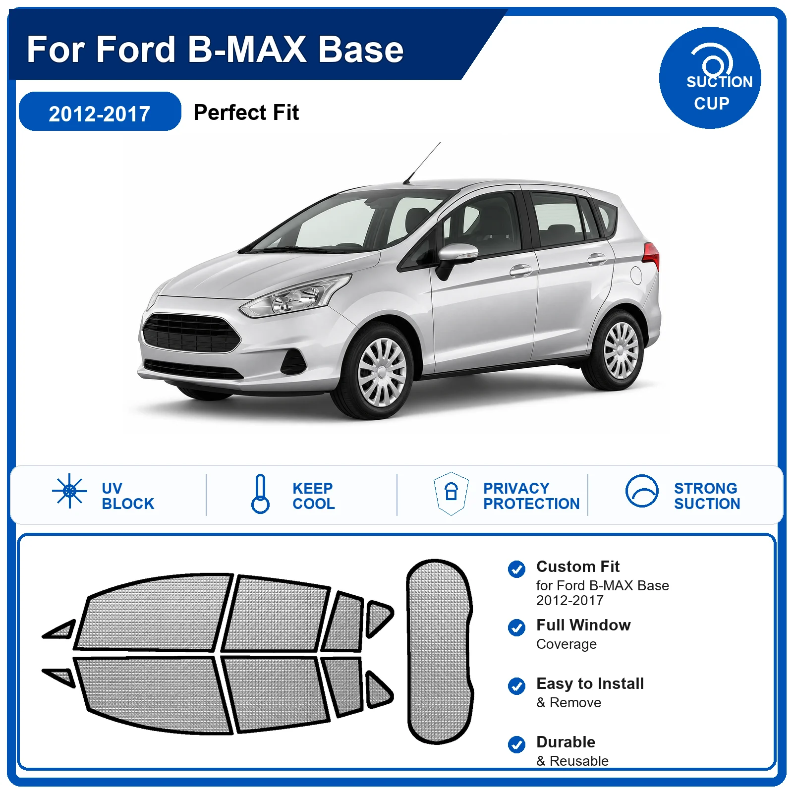 For Ford B-MAX Base 2012-2017 Custom Full Set Windshield Sun Shade Aluminum Foil Heat Insulation Anti UV Foldable