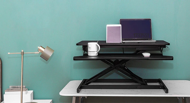 LT-2 Height lifting 380mm 15kg steel and wood Adjust Computer Sit Stand Workstation Laptop desk gas spring X shape with keyboard