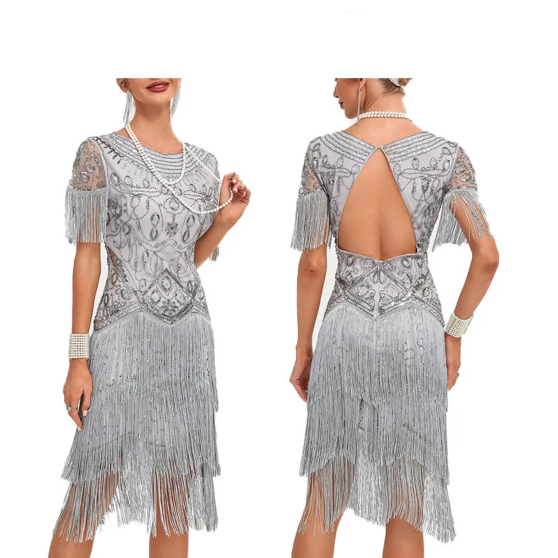 

High waist slim sequined fringed dress round neck gauze tube top party dress