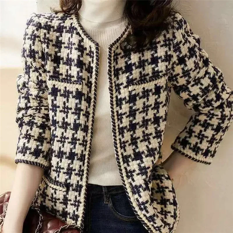 2026 Spring Autumn New All-match Female Temperament Tweed Jacket Women's Slim O Neck Long-sleeved Short Coat Casual Woman Tops