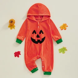 BeQeuewll Halloween Baby Girl Boy Costumes Fall Newborn Romper Fleece Pumpkin Embroidery Long Sleeve Hooded Jumpsuit for Infant