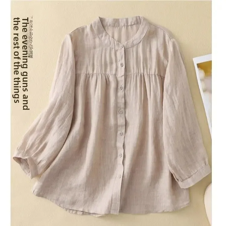 Summer Fashionable Loose Cotton Linen Seven-Quarter Sleeve Women's Shirt Slimming Casual Lightweight Sun Protection Top