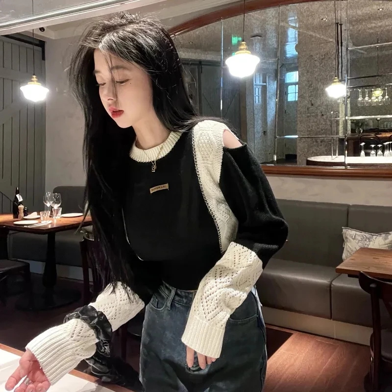 Hotsweet Sweater Off Shoulder Cut Out Crop Top Elastics Loose Hollow Out Black White Patchwork Long Sleeve Top Knitting Autumn